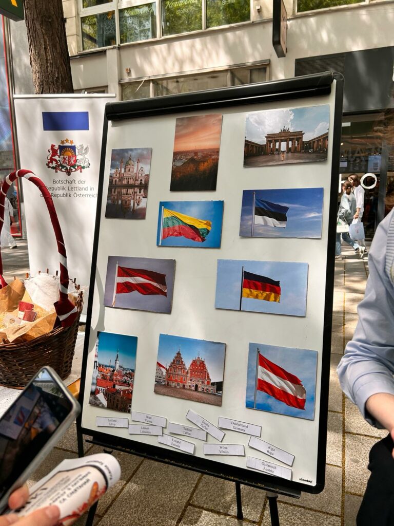 Pinwand mit Fotos von europäischen Flaggen und Sehenswürdigkeiten