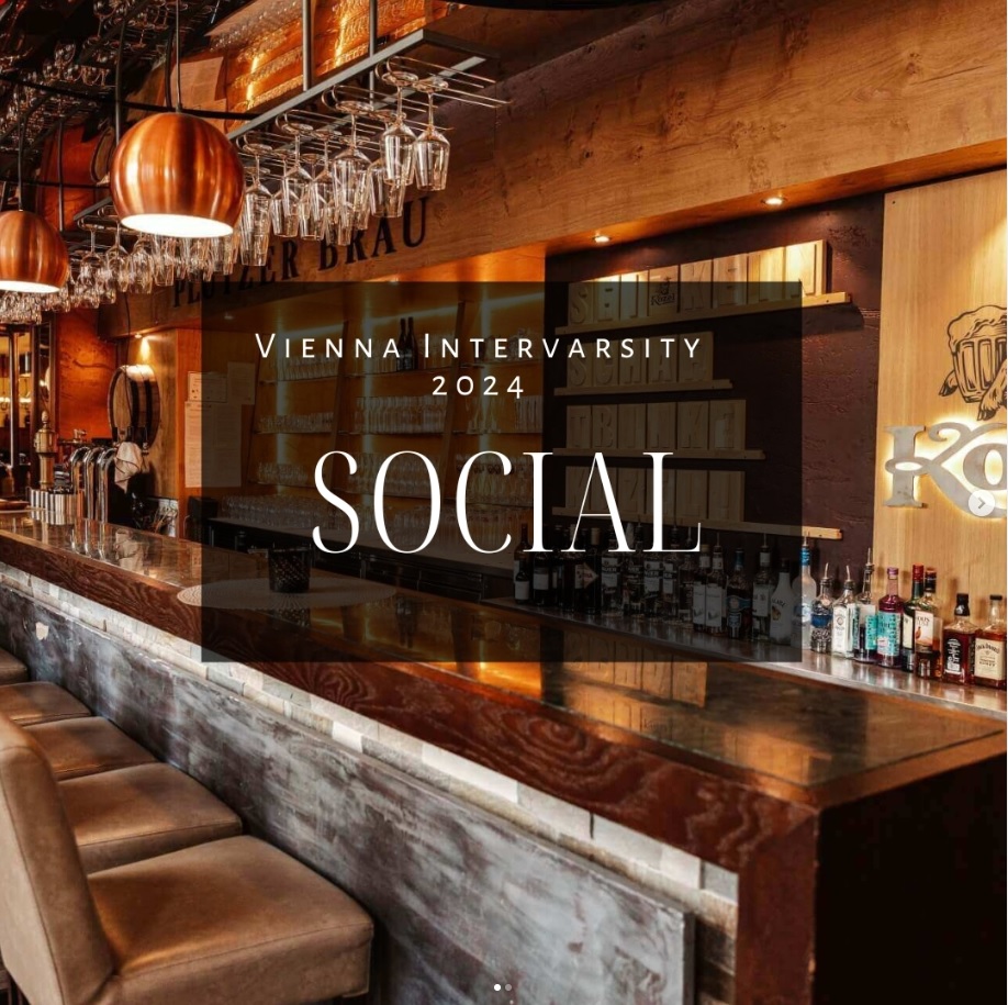 Im Hintergrund ist eine Bar zu sehen. Im Vordergrund steht der Text: "Vienna Intervarsity 2024 Social"