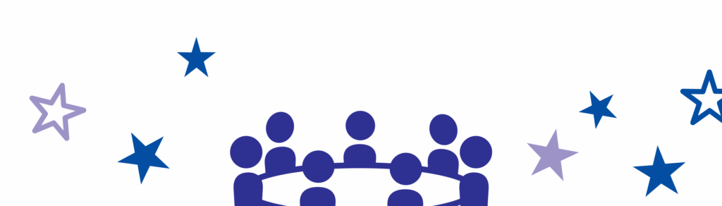 ein Ausschnitt des EuropaClubs-Logos mit den symbolisch im Kreis sitzenden Menschen. Dazu 7 Europasterne. Alles in verschiedenen Blautönen.